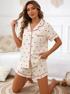 Girly Cream Cherry Pajama Set for Women, Button Down Short Sleeve, Spring Summer Breathable Loungewear, Cream Base Red Print, Cozy Home Outfit