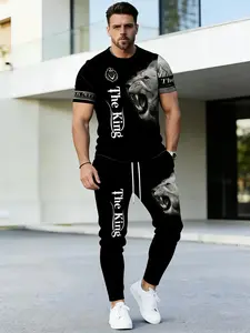 Men's Stylish 3D Lion Print Set Street Trendy Cool Style Fitness And Casual Two-Piece Set