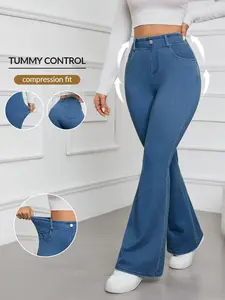 High Waist Slimming Women's Fitted Stretchy Flare Knitted Denim Jeans, Casual All Seasons Elastic Waist Design, Fashionable Random Print Style, High Waisted Design, High Rise Slim