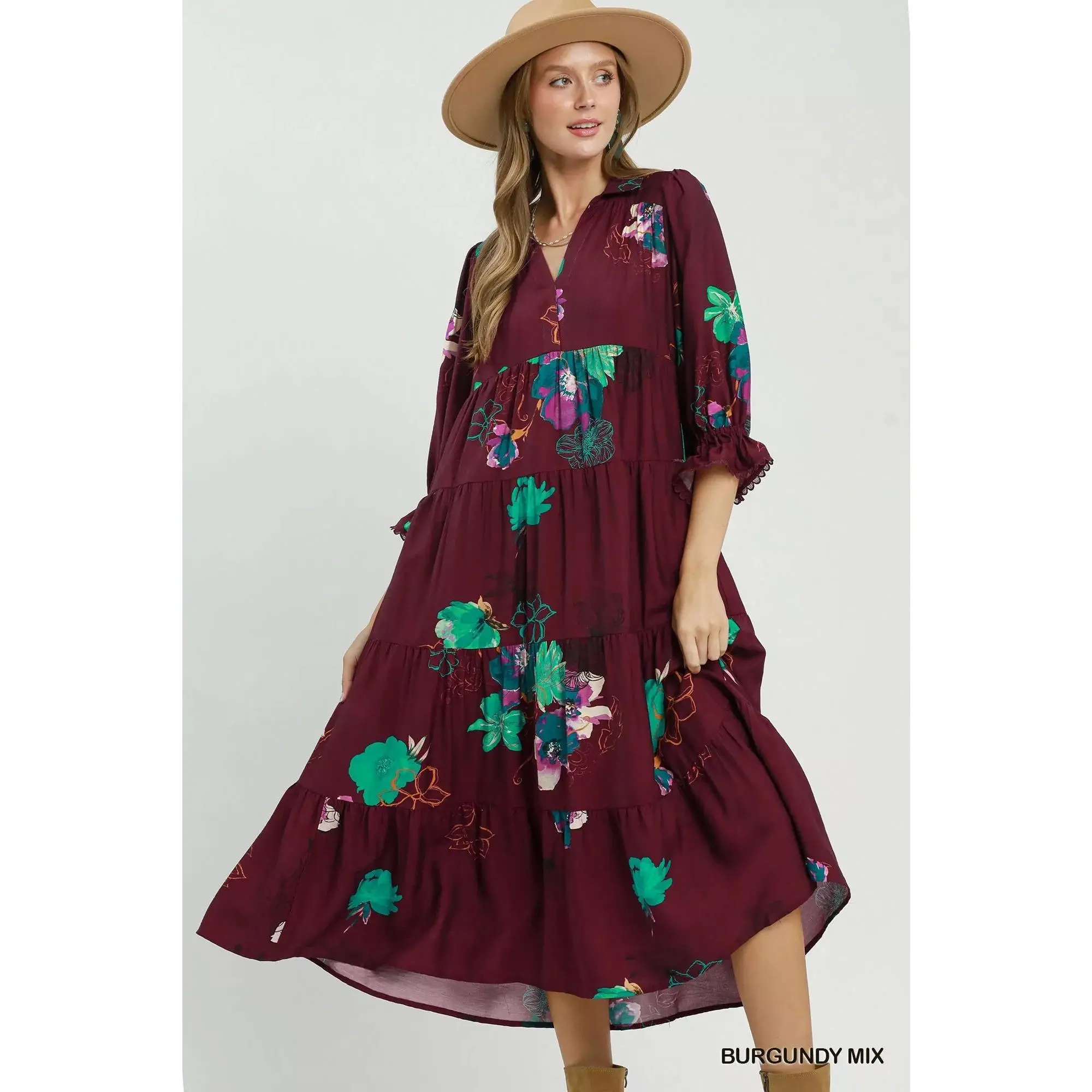 Umgee Floral Print Tiered Midi Dress with Puff Sleeves