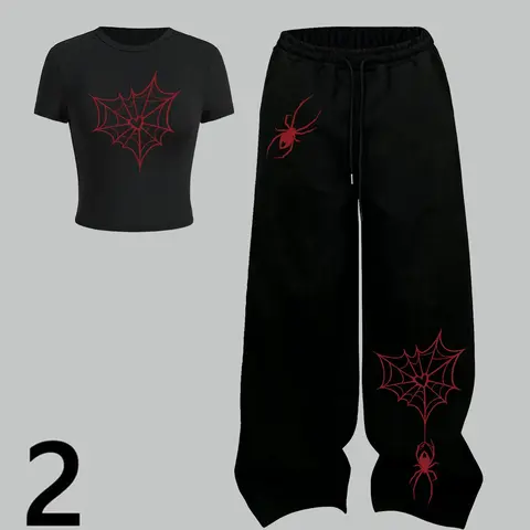 Women's Casual Everyday Fitted Round-Neck Short-Sleeve T-Shirt and Loose Straight-Leg Pants Set, Clothing Set, Trendy Spider Print, Comfortable Leisure Wear, Womenswear