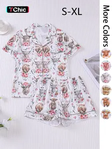 Women's All Over Print Pajama Two-piece Set, Casual Comfy Short Sleeve Top & Elastic Waist Shorts Loungewear Set, Ladies Summer Sleepwear Pjs, Pyjamas, Womenswear