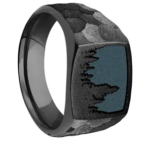 Medium Cushion signet ring (14x14mm) in Zirconium, with a Wide style band and a Trees Rev engraving.