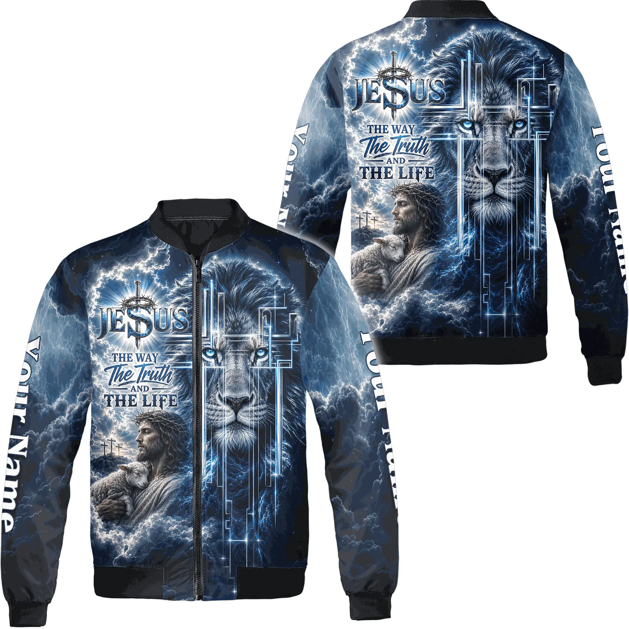 Jesus Lion Cross Bomber Jacket S–5XL - Faith Inspired Graphic Zip Up Jacket for Men and Women