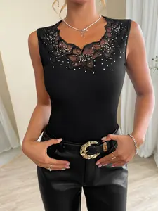 Women's Sleeveless Knitted Slim-Fitting Lace Embroidered Vest Tops, Elegant Floral Design, Perfect for Daily Wear, Evening & Special Occasions