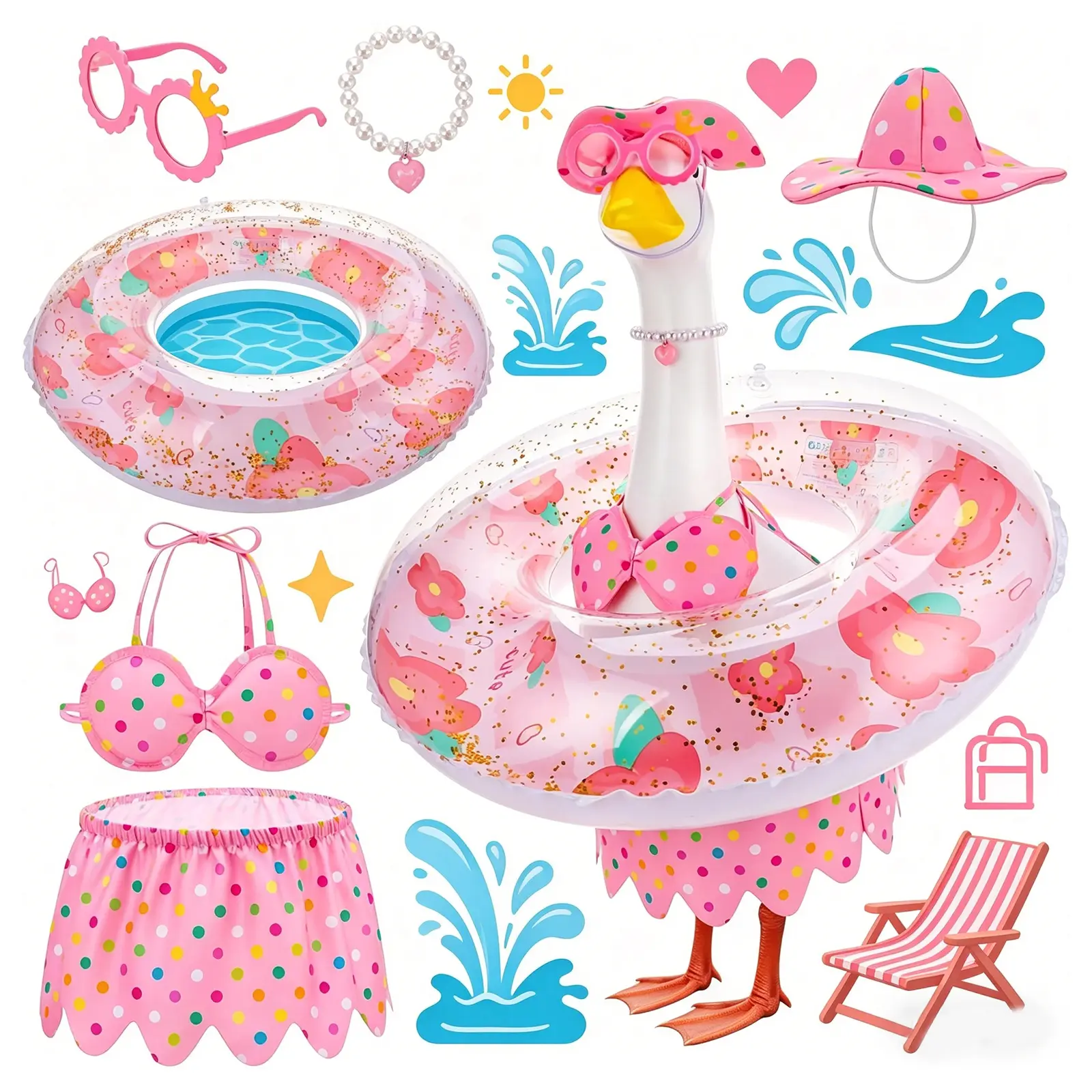 Colorful Polka Dot Bikini Goose Outfit, Cute Beach Dress Up Set with Glasses And Necklace, Summer Holiday Costume for 23 Inch Porch Goose Statue