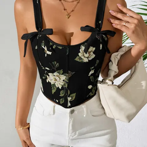 French Bow Tie Floral Print Slimming Body Shaper Vest Top for Women, All Seasons Shapewear Clothing, Sexy Sleeveless Backless Design, Perfect for Daily Wear