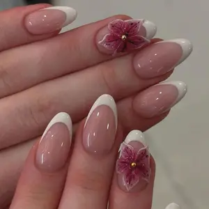 French Base 3D Flower Press-On Nails, Includes Jelly Glue & Nail File, Perfect for Festive, Daily, School, Office, Party Wear, Pressed On Nails