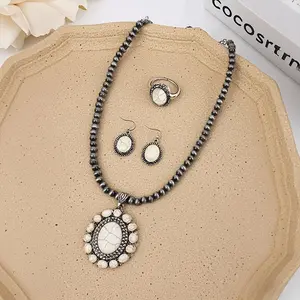 Cherrybetty White Turquoise Necklace & Earrings & Rings Set