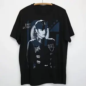 Janet Jackson Rhythm Nation Tour T-Shirt - Black Cotton Tee with Iconic Logo Print, Casual Round Neck, Machine Washable, Casual Wear Graphic Tee, Back-to-School Gift, Pure Cotton T-shirt, Perfect Gift for Fans