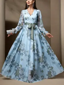 Elegant Chic Floral Dress, Sheer Long Sleeve, Tie-Bow Butterfly Knot, Waist Cinch, A-Line, Perfect for Formal Dates and Evening Events