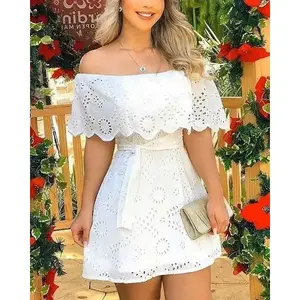 Summer Hollow Out White Dress Women 2025 New Fashion Off Shoulder Lace Up Mini Splicing Holiday Long Dresses