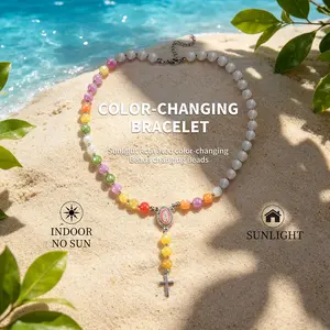 Sunlight Color-Changing Natural Stone Beaded Cross Necklace – Rainbow Candy Rosary Style Long Necklace for Women, Stainless Steel Cross Pendant, Aesthetic Y2K Layering Vacation Travel Beach Jewelry Holiday Gift