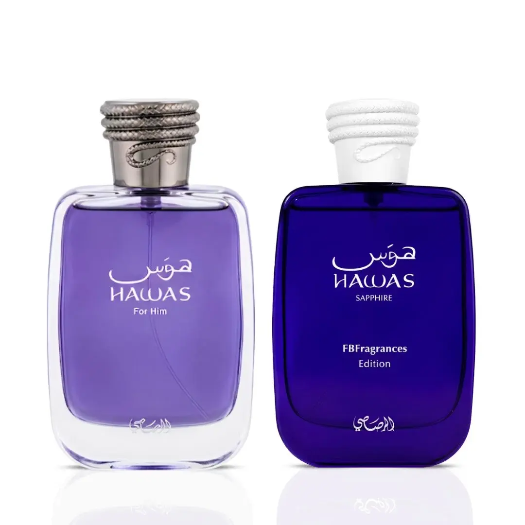 Hawas Sapphire & Hawas Men Eau de Parfum Sprays 100ml (3.4 oz) by Rasasi (Bundle) Hawas Sapphire & Hawas Men Eau de Parfum Sprays 100ml (3.4 oz) by Rasasi (Bundle)