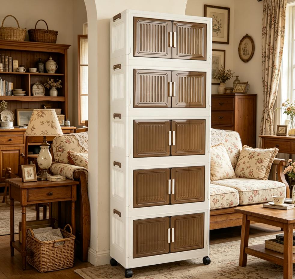 5-tier foldable, stackable plastic storage cabinet with wheels and lid—suitable for various home spaces: bedroom, living room, wardrobe/closet, bathroom, shower, kitchen, hat storage, shoe rack organizer, rack.