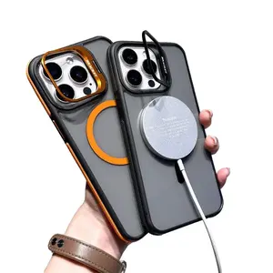 Smoky Translucent Magnetic Wireless Charging Case with Flip Rotatable Camera Kickstand, Dual Color Border Drop Proof Protective Cover Compatible with iPhone 12 13 14 15 16 17 Pro Max,full lens scratch protection.