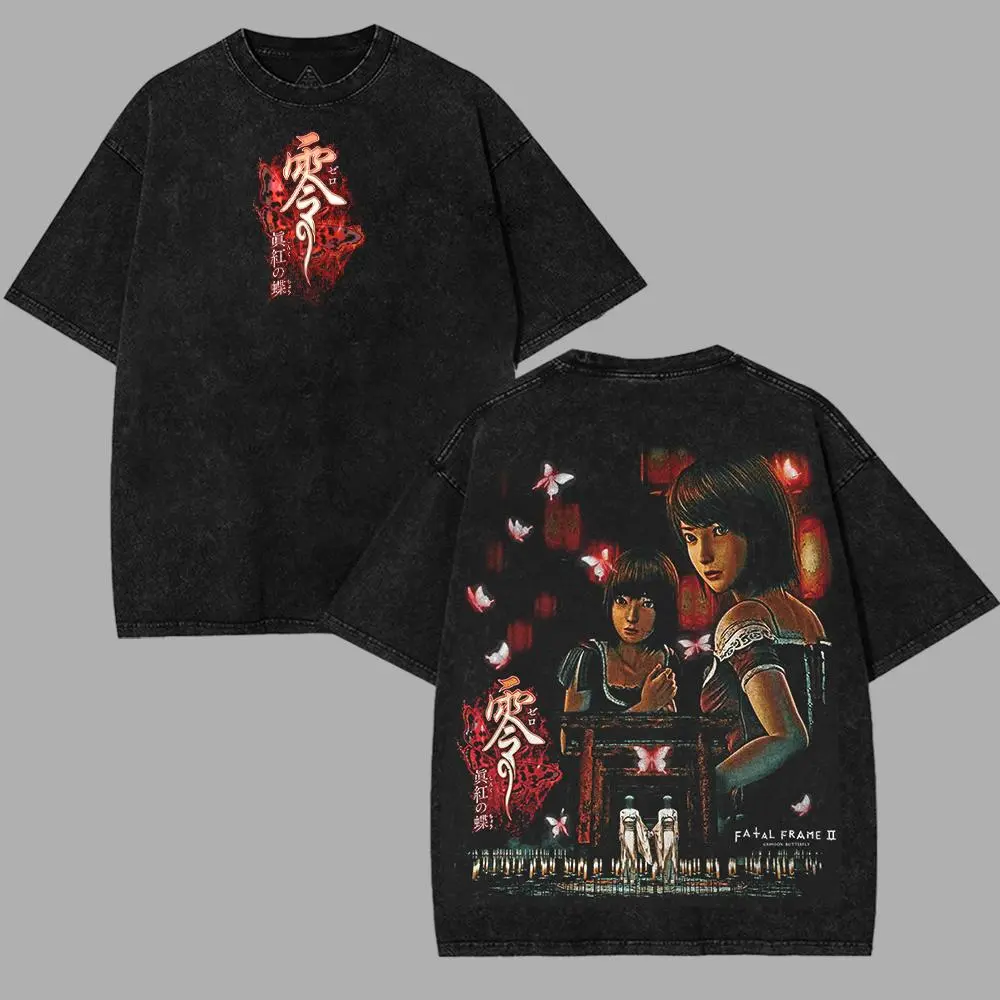 Fatal Frame 2 - Crimson Butterfly Double Printed Washed 2 Sided Printing T-Shirt RPG action Video anime manga Games movie Streetwear graphic tees