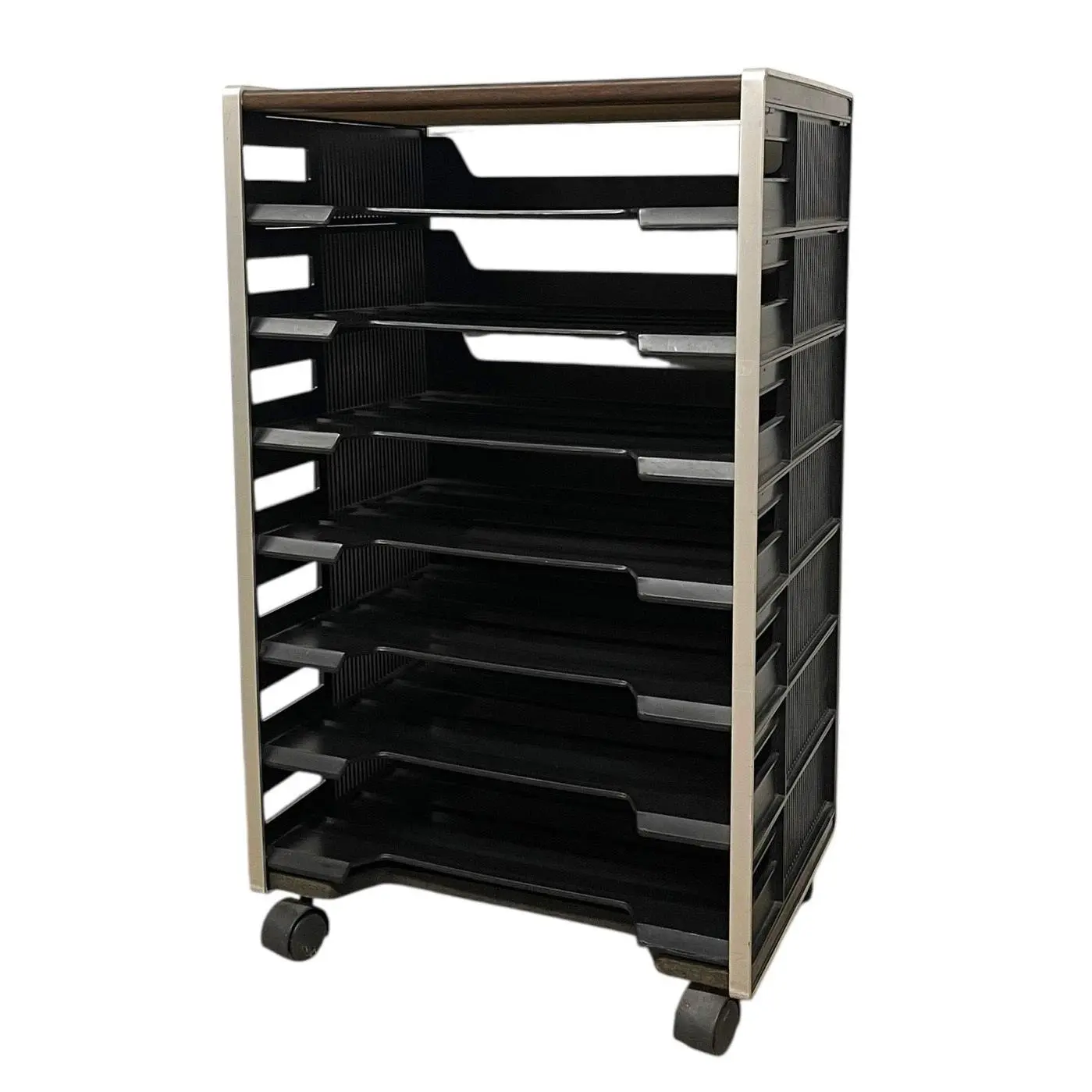 Vintage Rolling Office File Organizer Cart with Tiered Plastic Trays, Wood Top and Metal Frame
