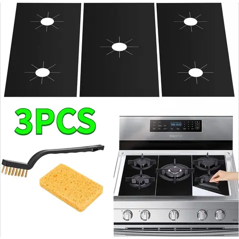 3 Pieces Gas Stove Top Burner Covers (32 in x 0.5mm Thick, Pre-Cut Set) - BPA/PFOA Free, Non-Stick, Heat-Resistant Up to 570°F, Fits 5-Hole Stoves, Washable for Long Use, Fast-Wiping Spill Guard, Appliance-Safe Home Improvement Kitchen Fixture