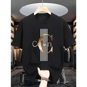 Men'S Casual Calvin Graphic T-Shirt - Bold Letter Print with Black Stripes & Golden Accents, Breathable Round Neck Summer Streetwear, Machine Washable, Comfortable Everyday Fashion Tee, Everyday Tshirt |Bold Letter Print |Comfortable Fit, T Shir Cotton
