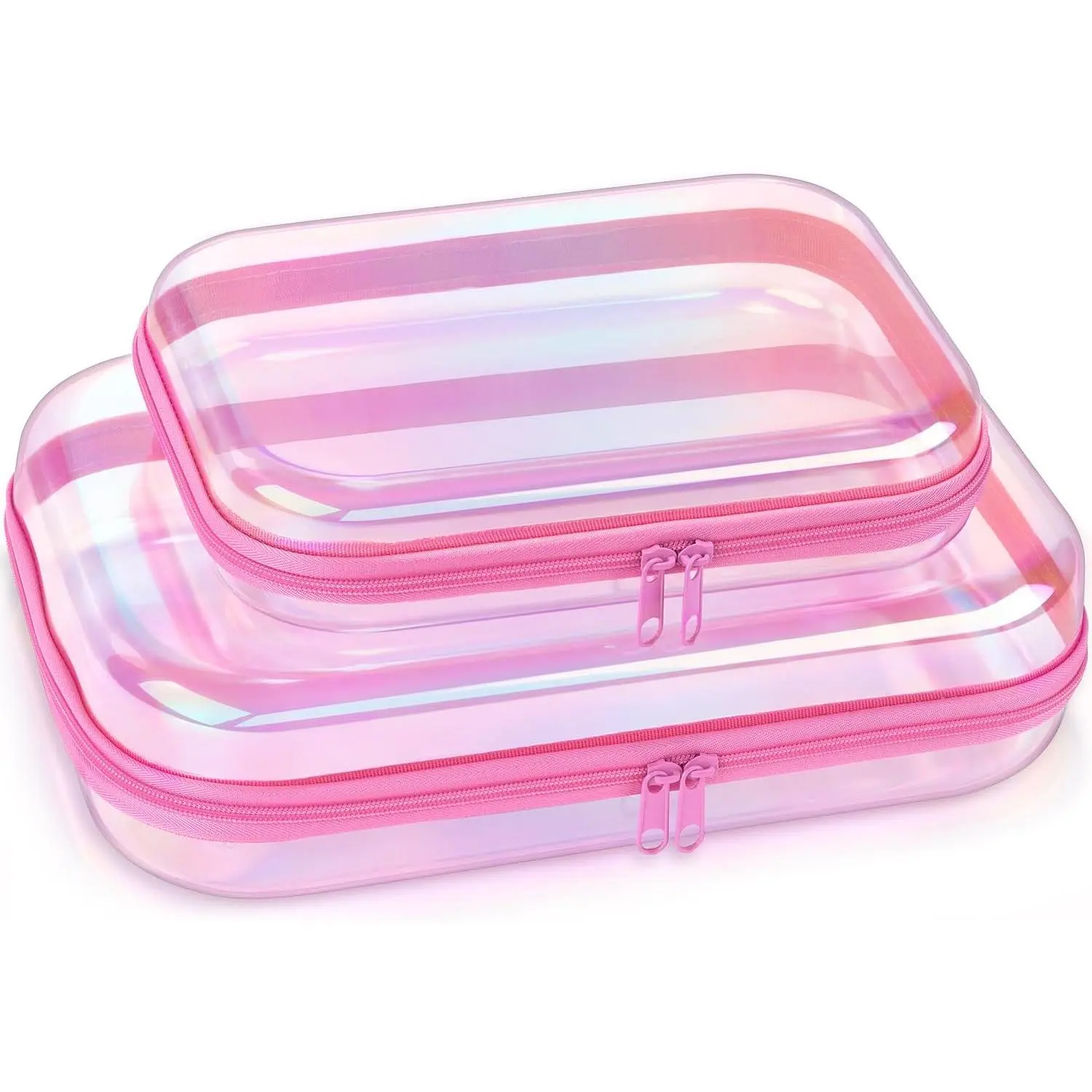 Clear Hard Shell Zipper Case,Makeup Bag,Iridescent Toiletry Bag,2pcs Large Capacity Water-resistant Toiletries Bag,Portable Travel Organizer and Storage,Bathroom Clear Cosmetic Case for WomenGift.