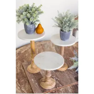 Set Of Three Wooden Display Stands With White Marble Tops