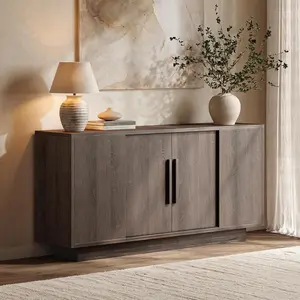 ModernMate 63'' Sideboard Buffet Cabinet with 4 Sliding Doors, Wood Credenza Storage Cabinet with Pedestal Base, Large Side Board with Adjustable Shelf for Living Room, Kitchen, Hallway, Dark Walnut