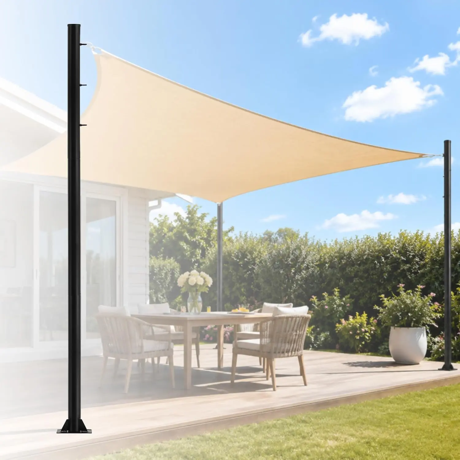 [Summer Sale Deals] 9.8 FT Length Steel Shade Sail Pole Kit, 2.28" Diameter Heavy-Duty Steel Pole with 3 Rings, Black Outdoor Canopy Support Post with Sturdy Base for Deck, Patio