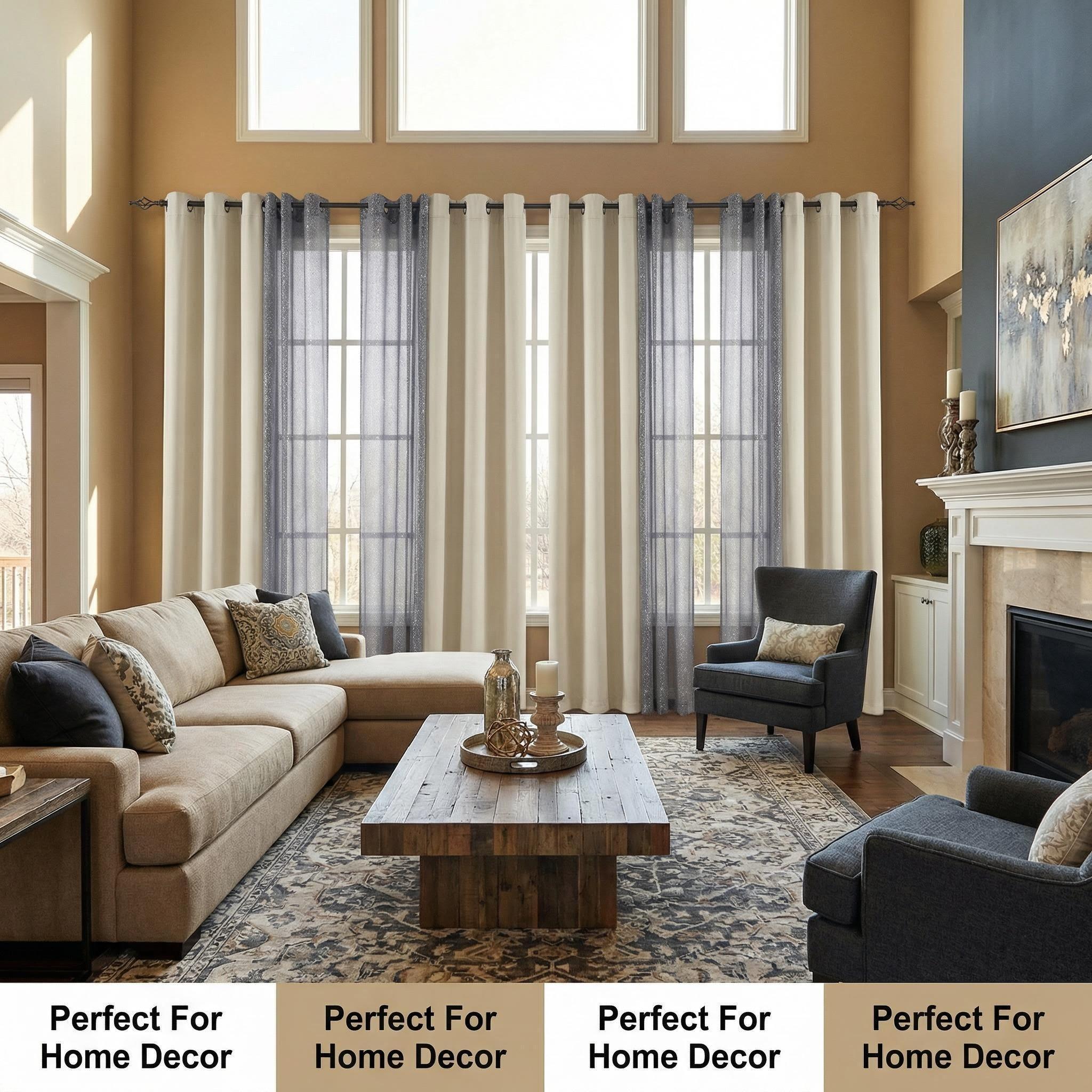 Curtain Club 8 Panels 52x84inch Curtain Fabric + Chiffon Set: 4 panels are plain blackout fabric, 4 panels are chiffon. With silver heat transfer finish, allowing light to pass through. The set can provide both blackout and decorative effects. FT2599+L28