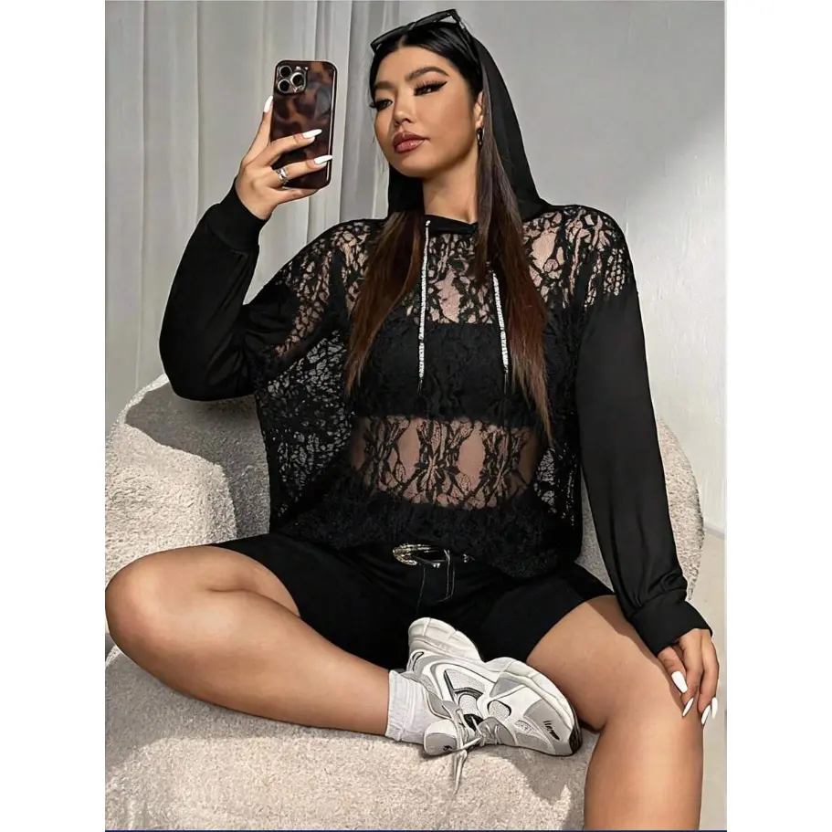LUNA LAYER Plus Size Women's Contrast Mesh Sheer Hooded Sweatshirt Blue