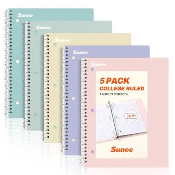 SUNEE Spiral Notebooks, 1-Subject, 5 Pack, College Ruled Paper, 8" x 10-1/2", 70 Sheets per Notebook,3-Hole Punched Paper, Pink,Purple, Blue, Green, Yellow Spiral Lined Notebooks for School,Work