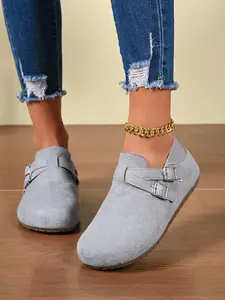 Women's Belt Buckle Mules, New Lazy Open-Toe Slip-On Shoes, Soft Rubber Sole Anti-Slip Flat Dress Shoes, All Seasons Fashion Footwear