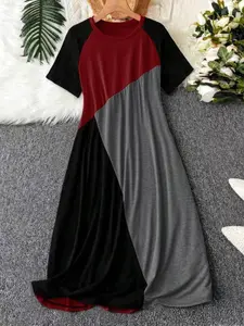 【Plus Size】 Women's Colorblock Raglan Sleeve Lounge Dress Loungewear, Casual Soft Comfortable Round Neck Short Sleeve Midi Dress for Everyday Home Wear, Sleepwear for All Seasons