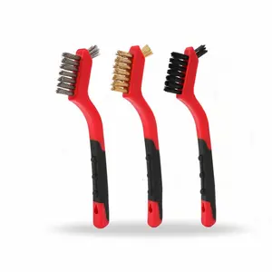 3-Piece Mini Wire Brush Set (C07302), Stainless Steel, Brass(Plated) and Nylon Bristles, Comfort Grip Handle, 7" Small Wire Brush