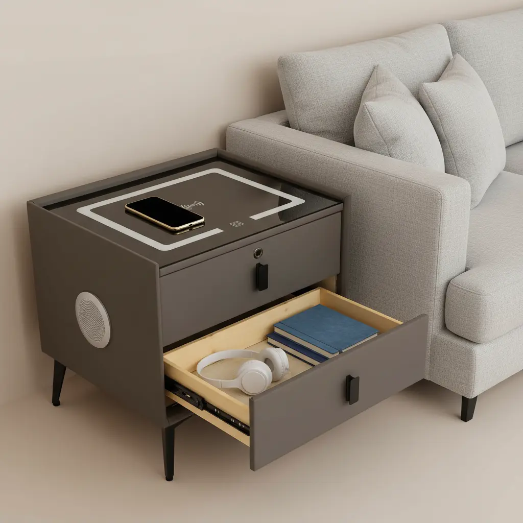 Fingerprint Unlock Bedside Table With LED Light For Living Room Bedroom Office