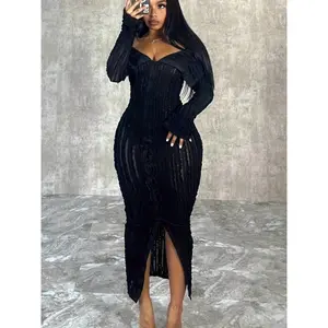 Stretchy long-sleeve off-shoulder bodycon dress — chic wave pattern, machine washable polyester blend; perfect for summer/fall; black party fabric; formal; women’s workwear; spring batwing V-neck