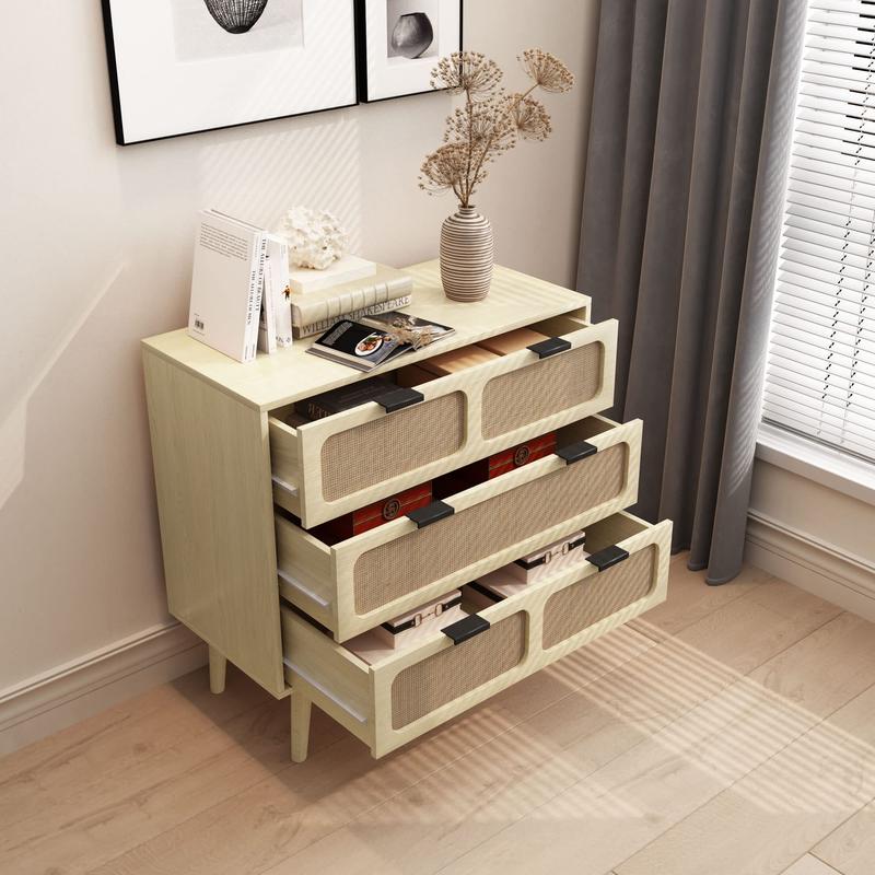 Giratree 3 Drawer Dresser, Modern Rattan Dresser Chest with Wide Drawers and Metal Handles, Farmhouse Wood Storage Chest of Drawers for Bedroom, Living Room, Hallway, Entryway