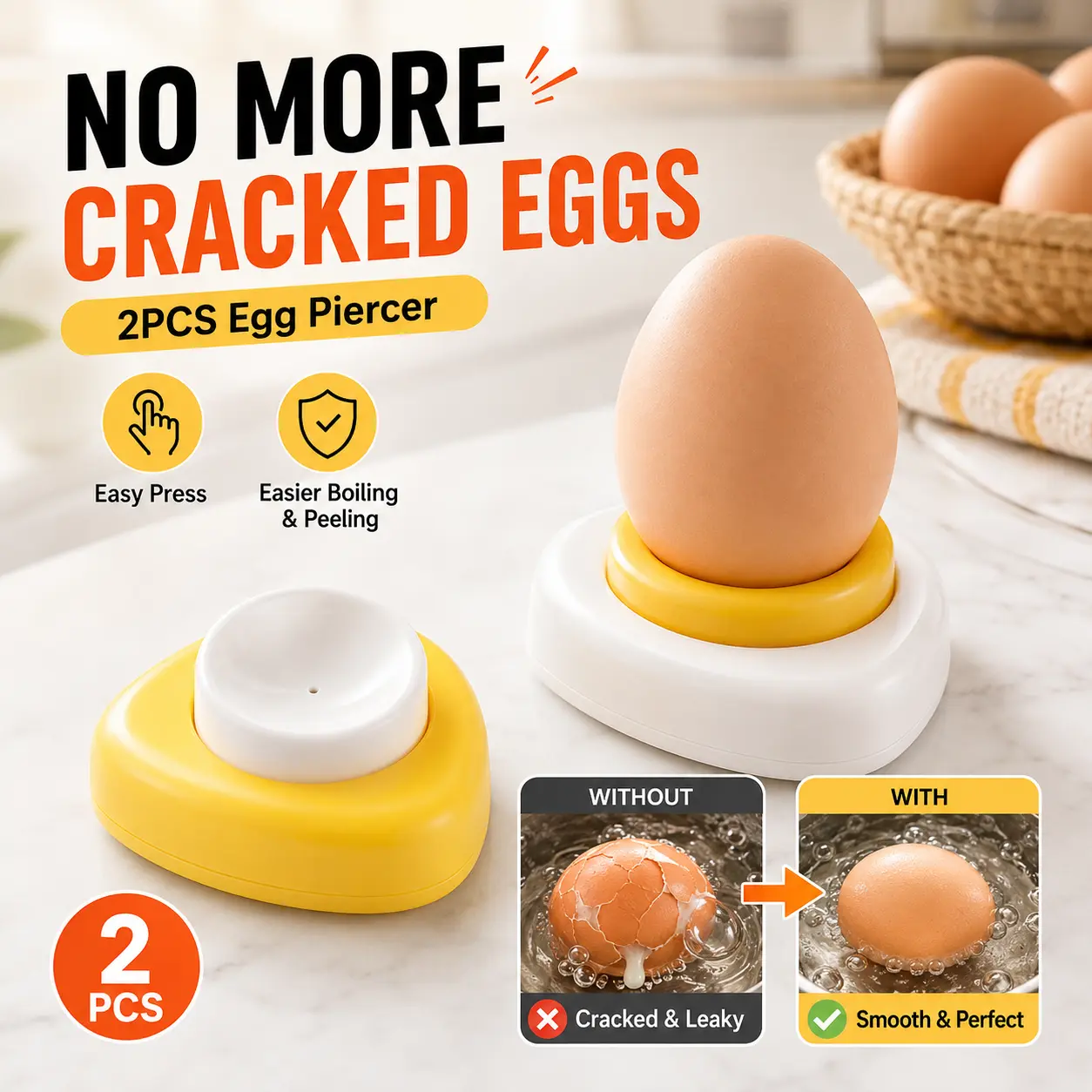 2PCS Egg Piercer with Stainless Steel Needle, One-Press Egg Pricker for Boiling Eggs, Helps Prevent Shell Cracks - MM2