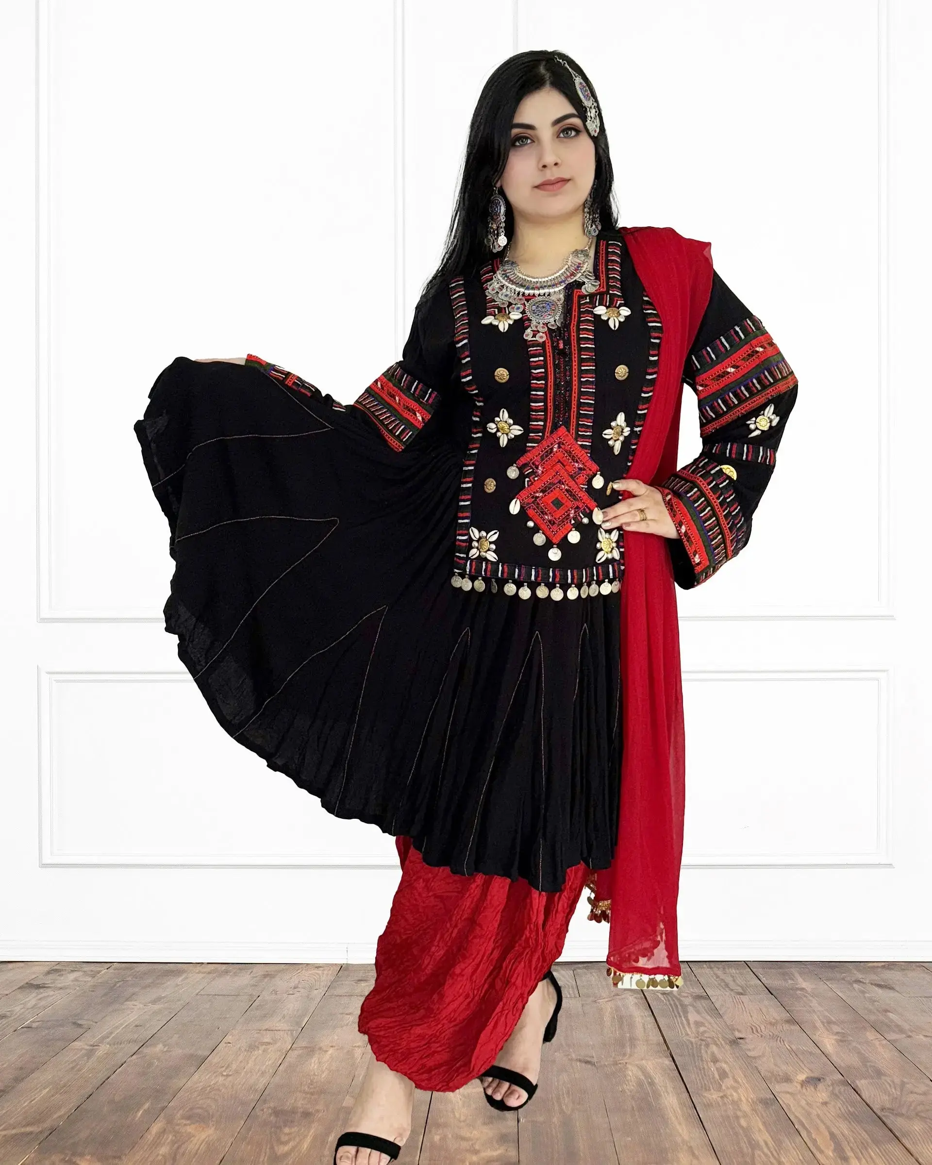 Women's Afghan Kochi Clothes - Chiffon Fabric with Golden Embroidery, Waist Tie, Scarf Included, Suitable for Special Occasions