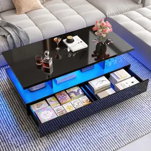 LED Coffee Table w/ 2 Storage Drawers,App Control,High Glossy Modern Black Coffee Table w/60,000-Color Lights,Rectangle 2-Tier Center Table w/Display Shelf for Living Room