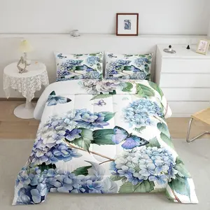 Feelyou Girls' Quilted Stitch Hydrangea Floral Print Comforter Set - Blue-Purple Butterfly Bedding, Vintage Botanical Vibes Polyester Fiber Duvet Set, Travel-Friendly for Spring Bedrooms, Multi-Size Option