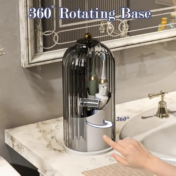 Transparent Bell-Shaped Rotatable Makeup Storage Box, Minimalist Household Vanity Organizer with Vertical Grooves, Top Bead, 360° Rotation, Multi-Compartment, Dustproof & Waterproof for Makeup Brushes, Lipsticks
