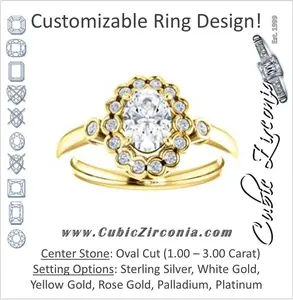 Cubic Zirconia Engagement Ring- The Raleigh (Customizable Oval Cut Design with Clustered Halo and Round Bezel Accents)