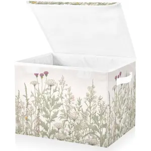 Vintage Colorful Herbs and Wild Flowers Floral Storage Bins with Lids and Carrying Handle,Foldable Storage Boxes Organizer Containers Baskets Cube with Cover for Home Bedroom Closet Office