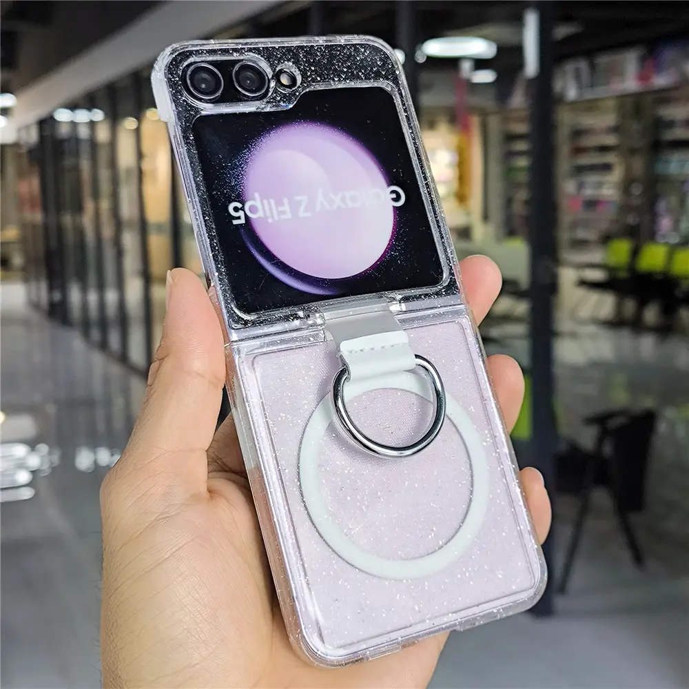 Glitter Transparent Magnetic Ring Holder Phone Cover Casing for Samsung Galaxy Z Flip 6/5/4/3, Shockproof Wireless Charging Accessories for Women