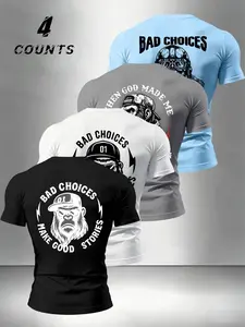 Men's Letter Gorilla Print Round Neck Short Sleeve T-Shirt 4-Pack, Casual Comfortable Top, Ideal for Summer Outdoor Wear, 4 Pieces Set