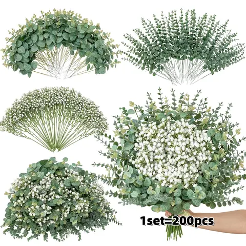 200 Pcs Mixed Artificial Eucalyptus Stems, Babys Breath Flowers for Weddings, DIY Bouquets, DIY Floral Arrangements, Home Decor, Decorative Fake Plant, Fake Greenery, Faux Greenery Plants, Fake Plant Decoration, Faux Flower Decorations