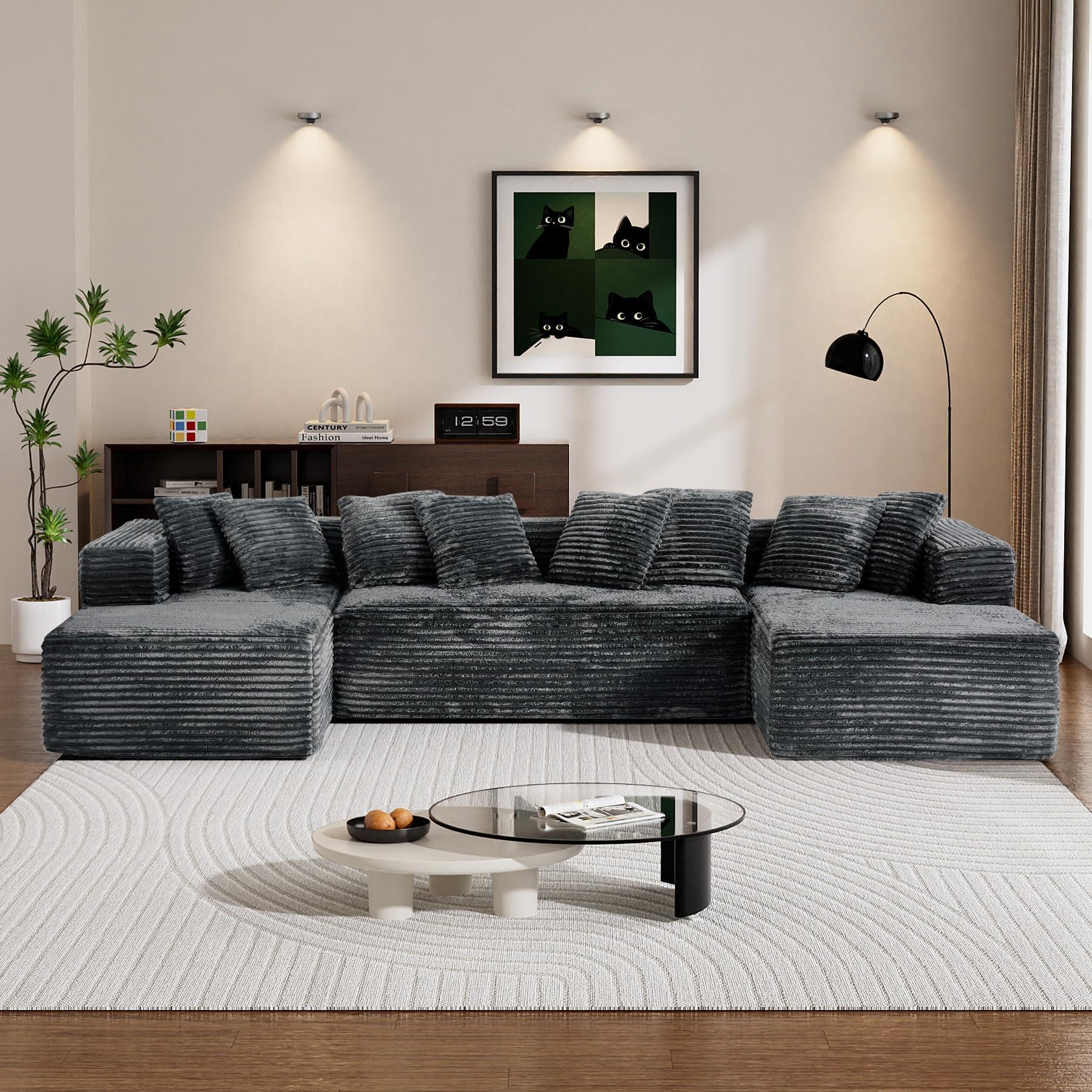 #TikTokShopDealsforYouDays【3 Packages Shipping】Modular Sectional Sofa Cloud Couch 131" Black Boneless Sectional Couches for Living Room Comfy Deep Seat Plush Corduroy Sofa Modern Fluffy Memory Foam U Shape Couch with Chaise Lounge Modular Sectional Couch