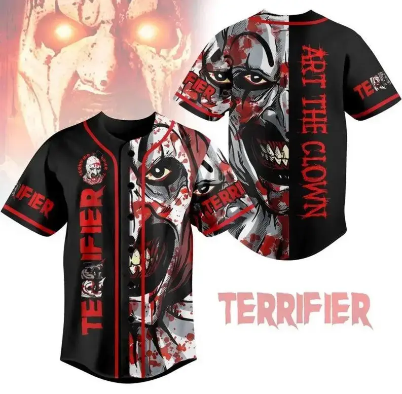 Full Print Terrifier Baseball Jersey Shirt, Art The Clown Movie Jersey Shirt, Horror Film Sport Jersey, Unisex Streetwear Baseball Shirt, Casual Baseball Jersey, Unisex Baseball Jersey Shirt, Gift for Men Women