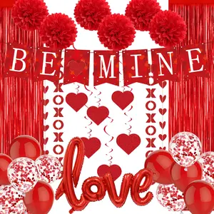 This Valentine's Day decoration set includes "love" balloons and red balloons, artificial flower balls, and a red tassel backdrop, perfect for Valentine's Day parties, wedding anniversaries, and engagement decorations.